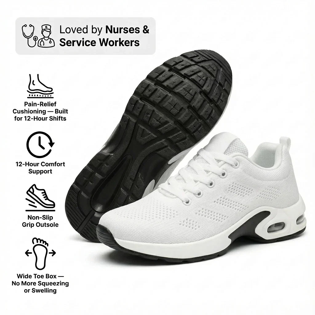 White sneakers with black soles on a white background, featuring text about comfort and support for nurses and service workers.