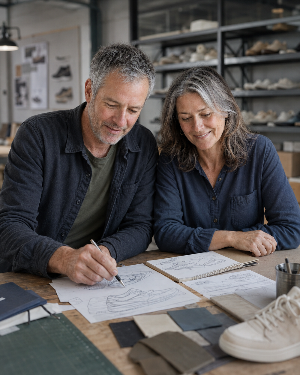 Michael and Evie designing sneakers in their workshop