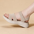 Orthoshift knit sandal in apricot, close-up on foot