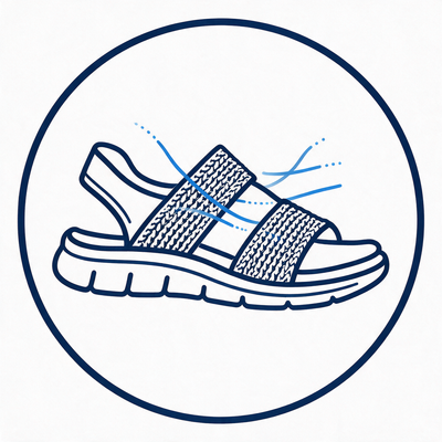 Illustration: airflow through the knit sandal upper (breathable)